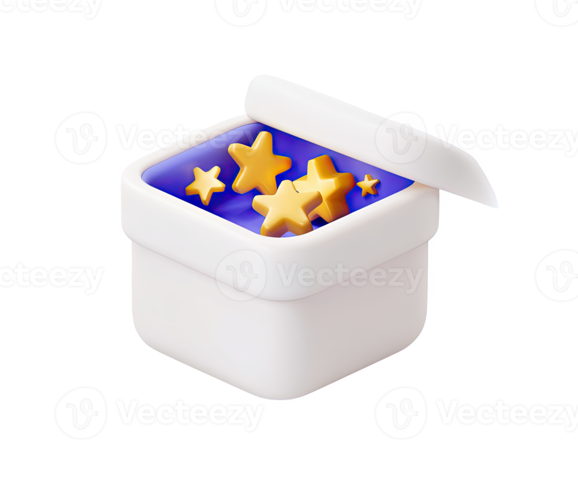 Open white gift box with yellow ribbon and golden stars inside, a 3D icon for special surprise, reward, or bonus. For promotions and festive events. png