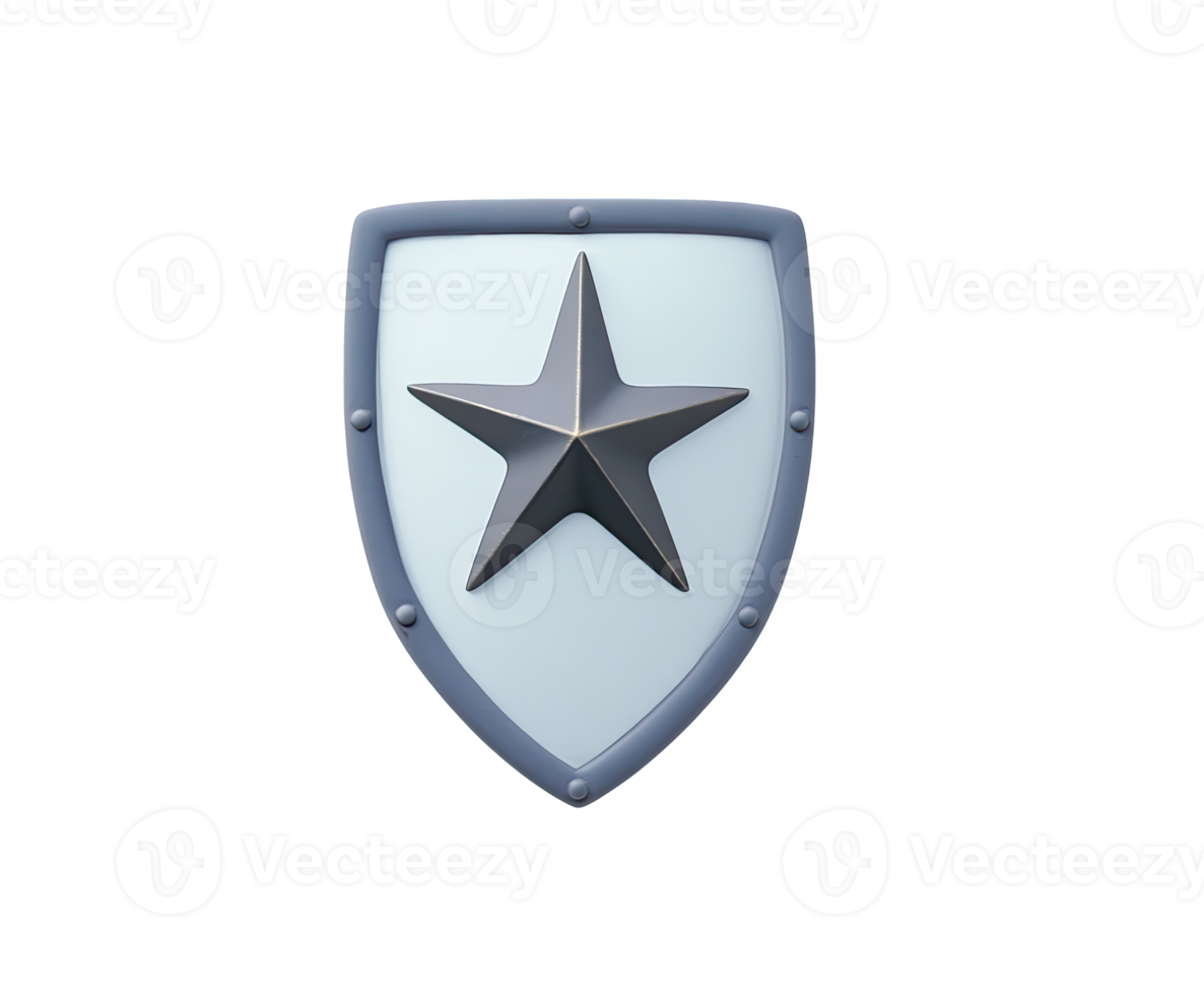 Silver shield with black star, a 3D icon for safety, defense, reliability, or badge of quality and protection. For security apps or brand assurance. png