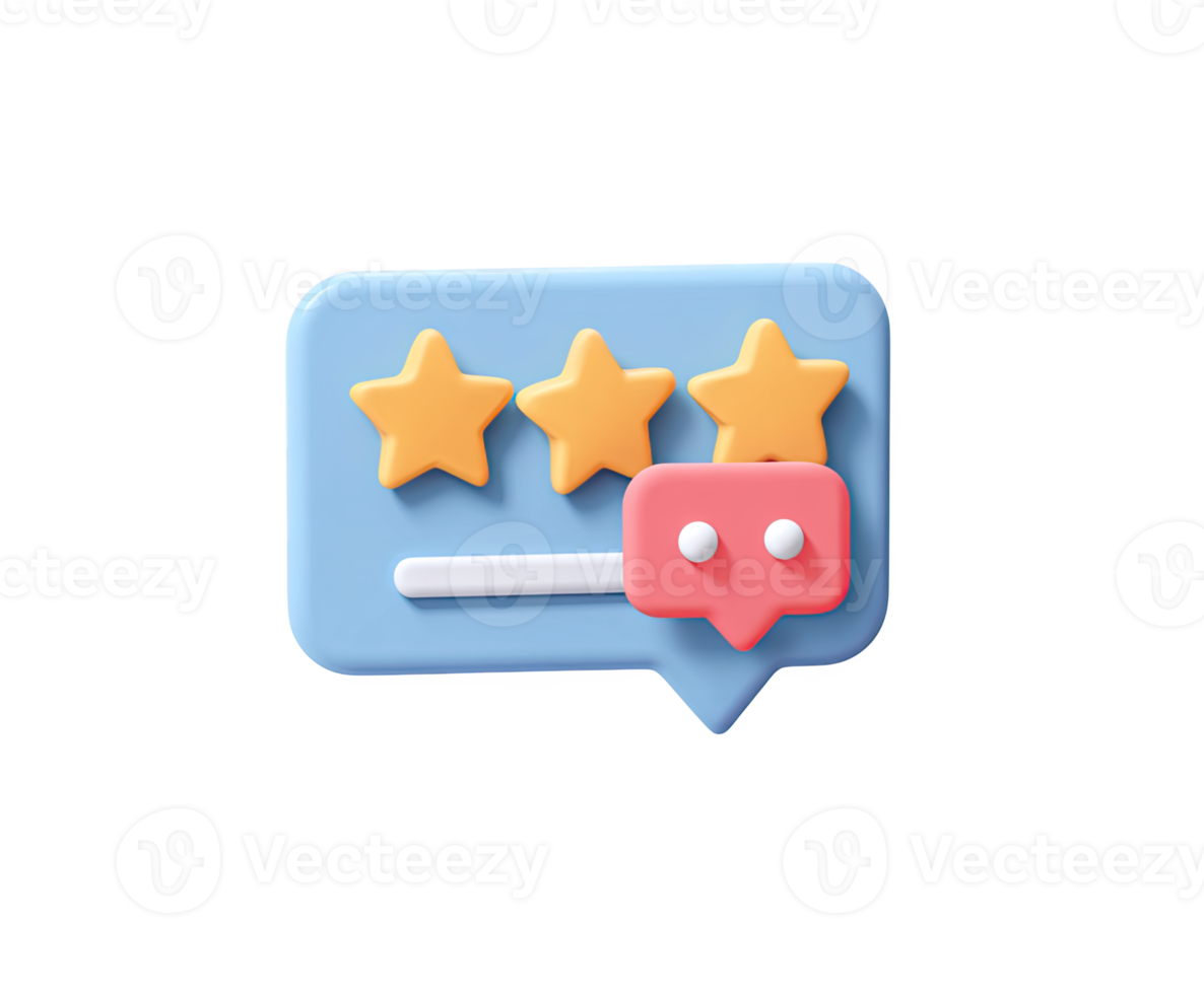 3D speech bubble icon with three stars and a thumbs-up gesture, signifying an excellent review, positive feedback, and high customer approval or rating. Isolated. png