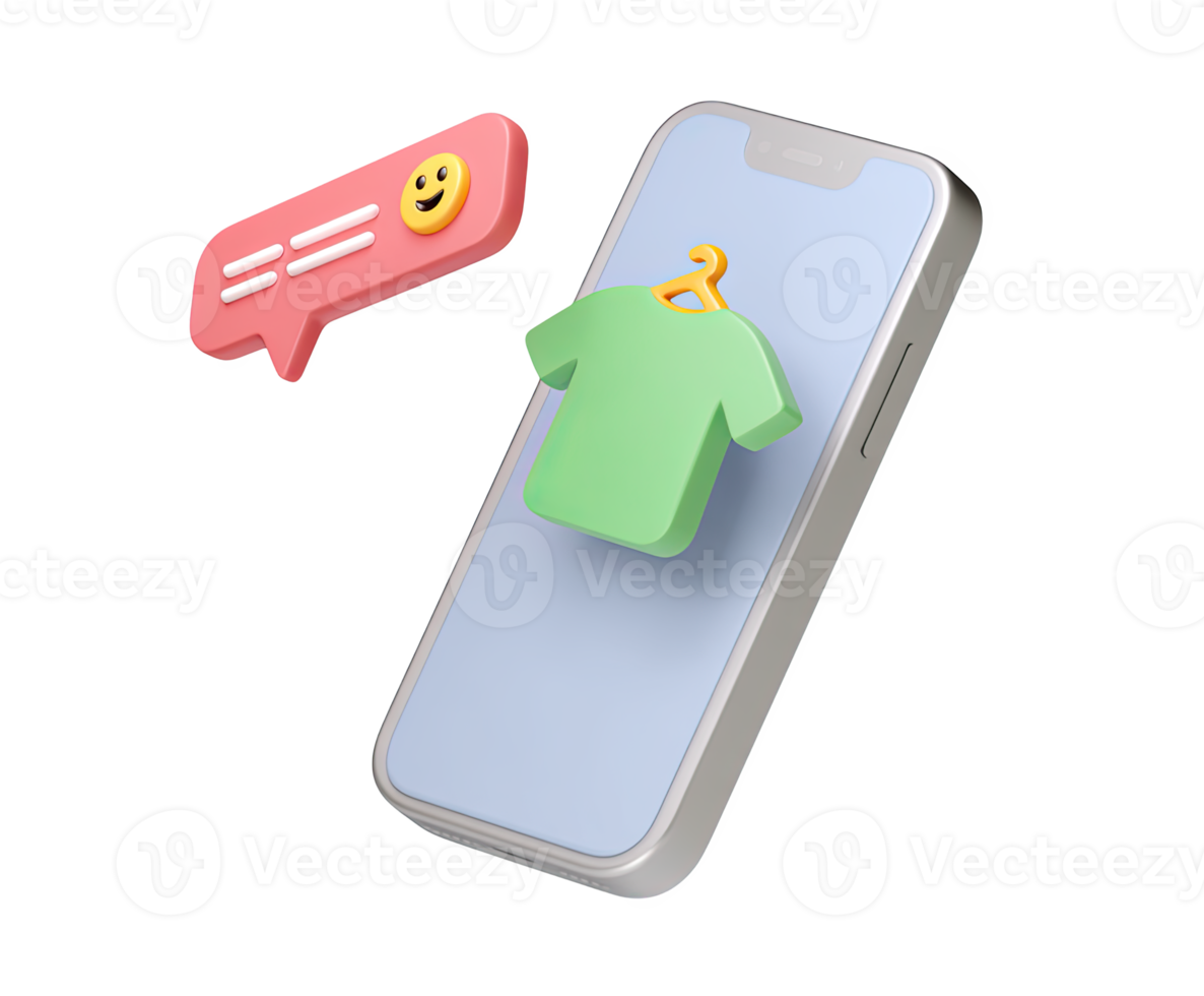 3D smartphone icon displaying a t-shirt for online shopping, with chat bubbles indicating customer interaction or reviews. E-commerce concept, isolated for web. png