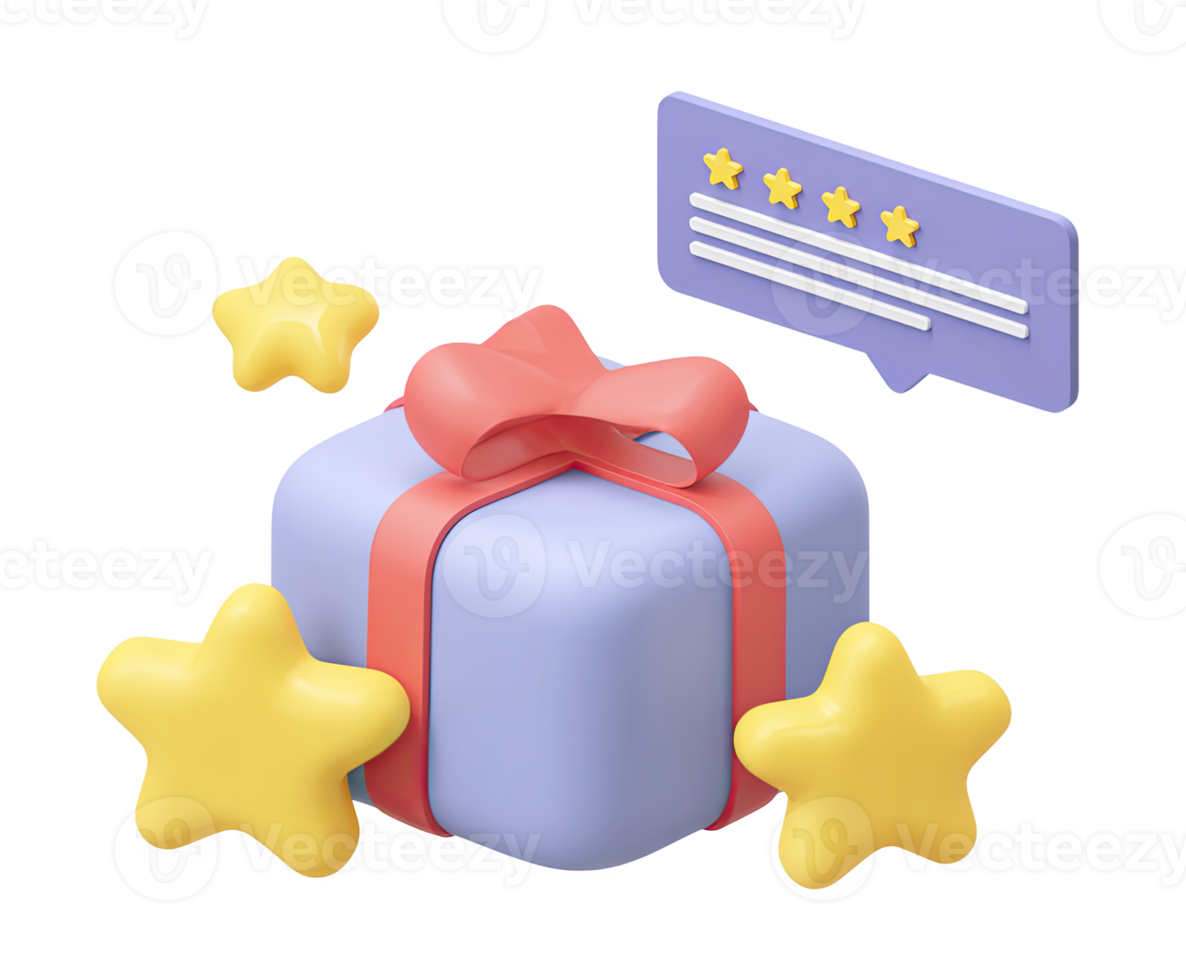 3D gift box icon with a speech bubble displaying a five-star rating, symbolizing a highly-rated present or excellent customer satisfaction with a purchase. Isolated. png