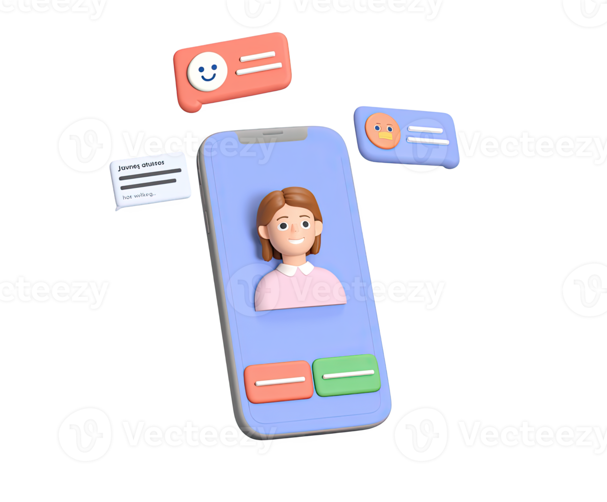 3D smartphone icon displaying a woman's profile during a call or social media interaction, with chat bubbles. Online communication concept, isolated element. png
