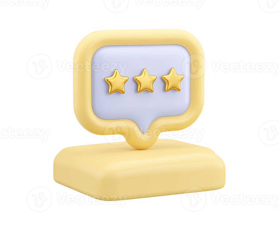 3D speech bubble icon with three yellow stars on a stand, symbolizing customer feedback, positive reviews, and quality rating. Ideal for testimonials. Rendered graphic. png