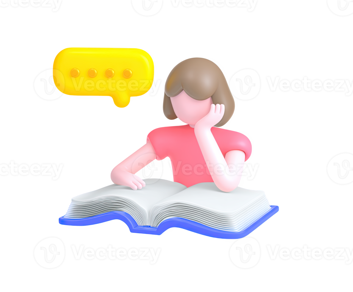 3D icon of a young girl engrossed in reading a book with a speech bubble, symbolizing learning, education, storytelling, imagination, and active thinking. Isolated. png