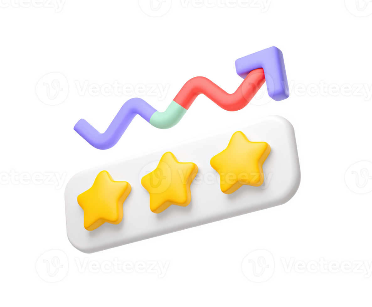 3D icon showing an upward trending line graph over three rating stars, symbolizing improving reviews, growing customer satisfaction, or positive performance. Isolated. png