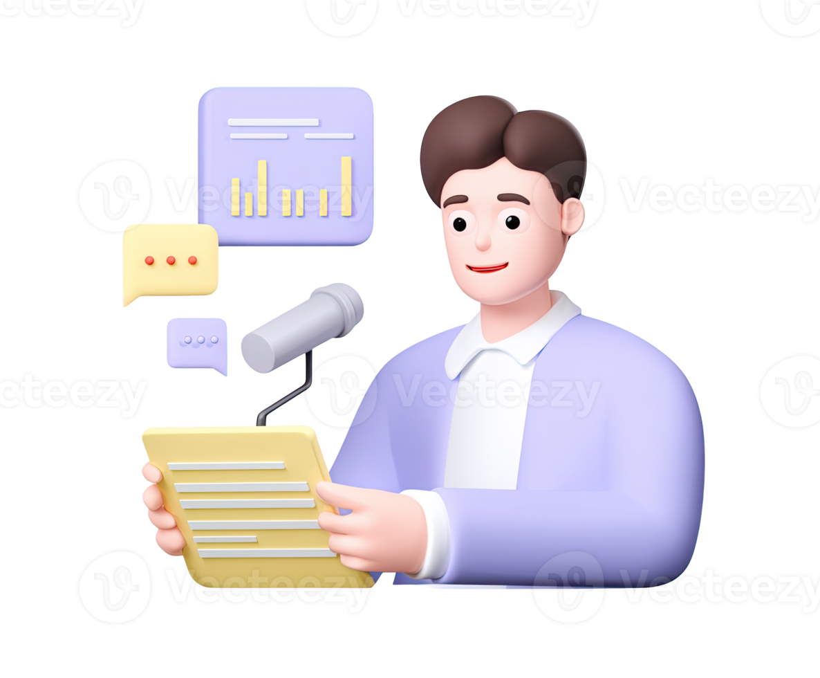 3D icon of a businessman at a podium with microphone and script, presenting data with a bar chart. Symbolizes public speaking or business reports. Rendered visual. png