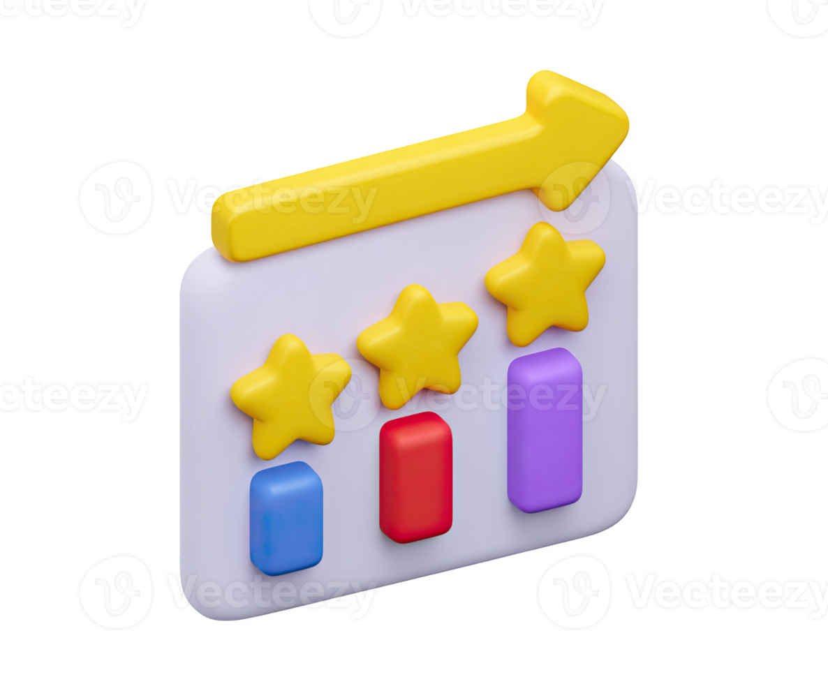3D performance dashboard icon with a bar chart, upward trend arrow, and star ratings, visualizing business analytics and positive growth metrics. Isolated graphic. png