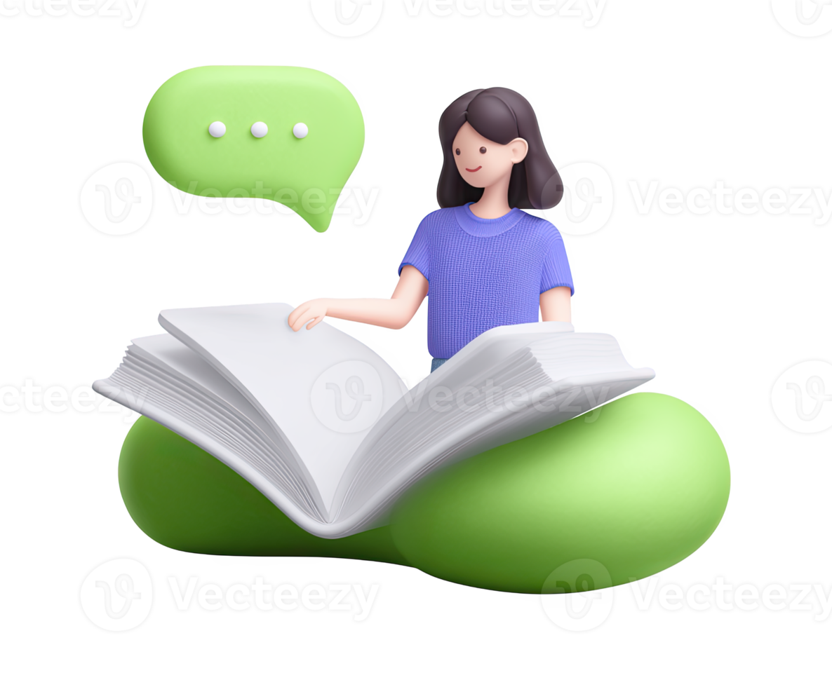 3D icon of a woman sitting on a large open book with speech bubbles, representing storytelling, avid reading, education, and knowledge communication. Isolated. png