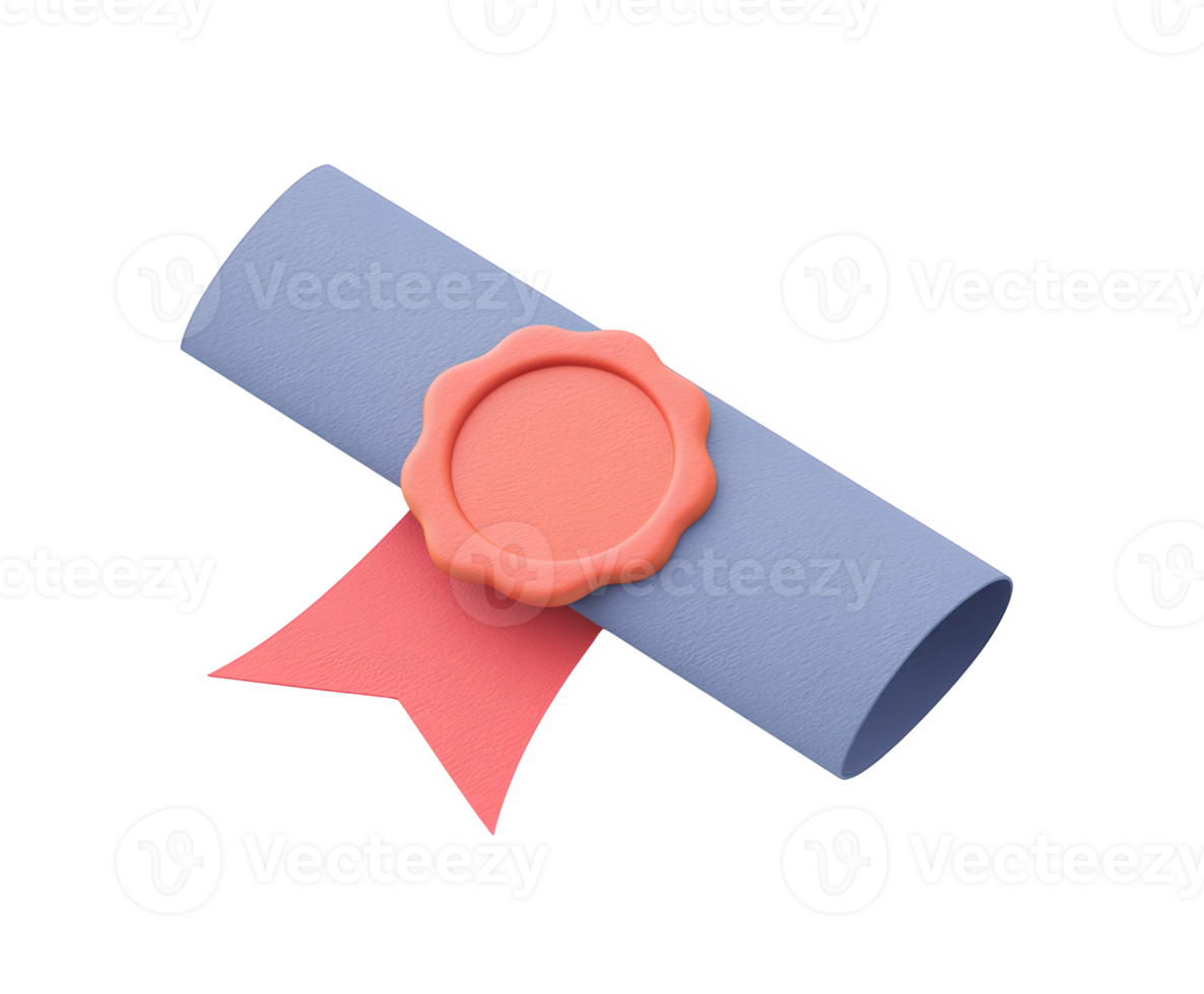 3D icon of a rolled diploma scroll tied with a red ribbon and sealed, symbolizing graduation, academic achievement, certification, or official recognition. Isolated. png