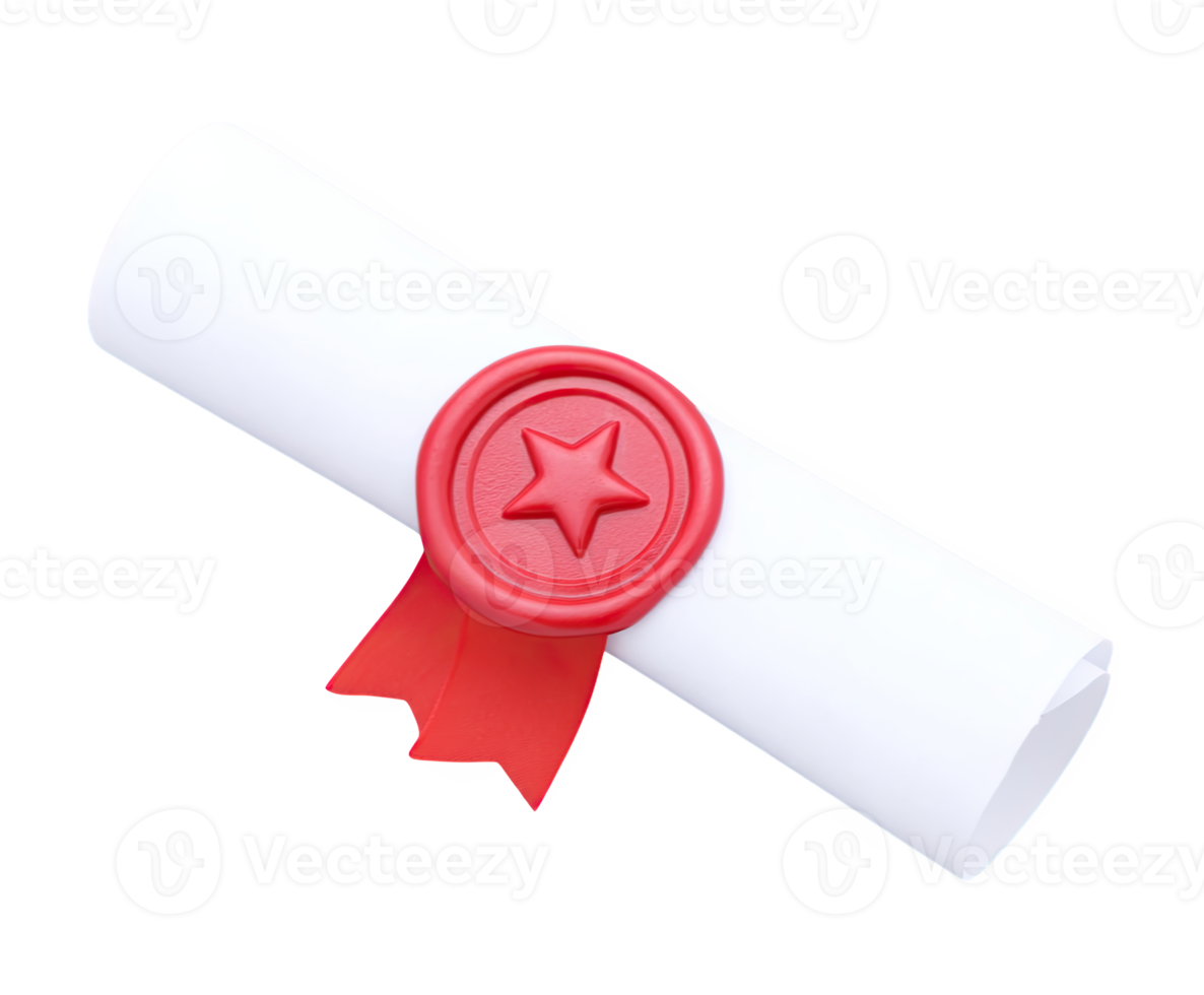 Classic 3D rolled white scroll with a prominent red wax seal, representing official documents, decrees, certifications, or historical records. Isolated for design use. png