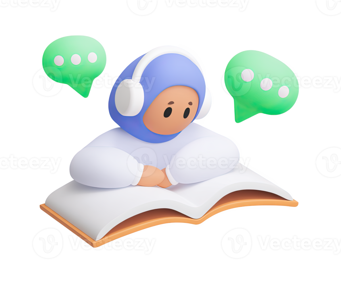 3D icon of a girl wearing a hijab and headphones, engaged in learning with a book and speech bubbles. Symbolizes e-learning or audio-assisted study. Isolated. png