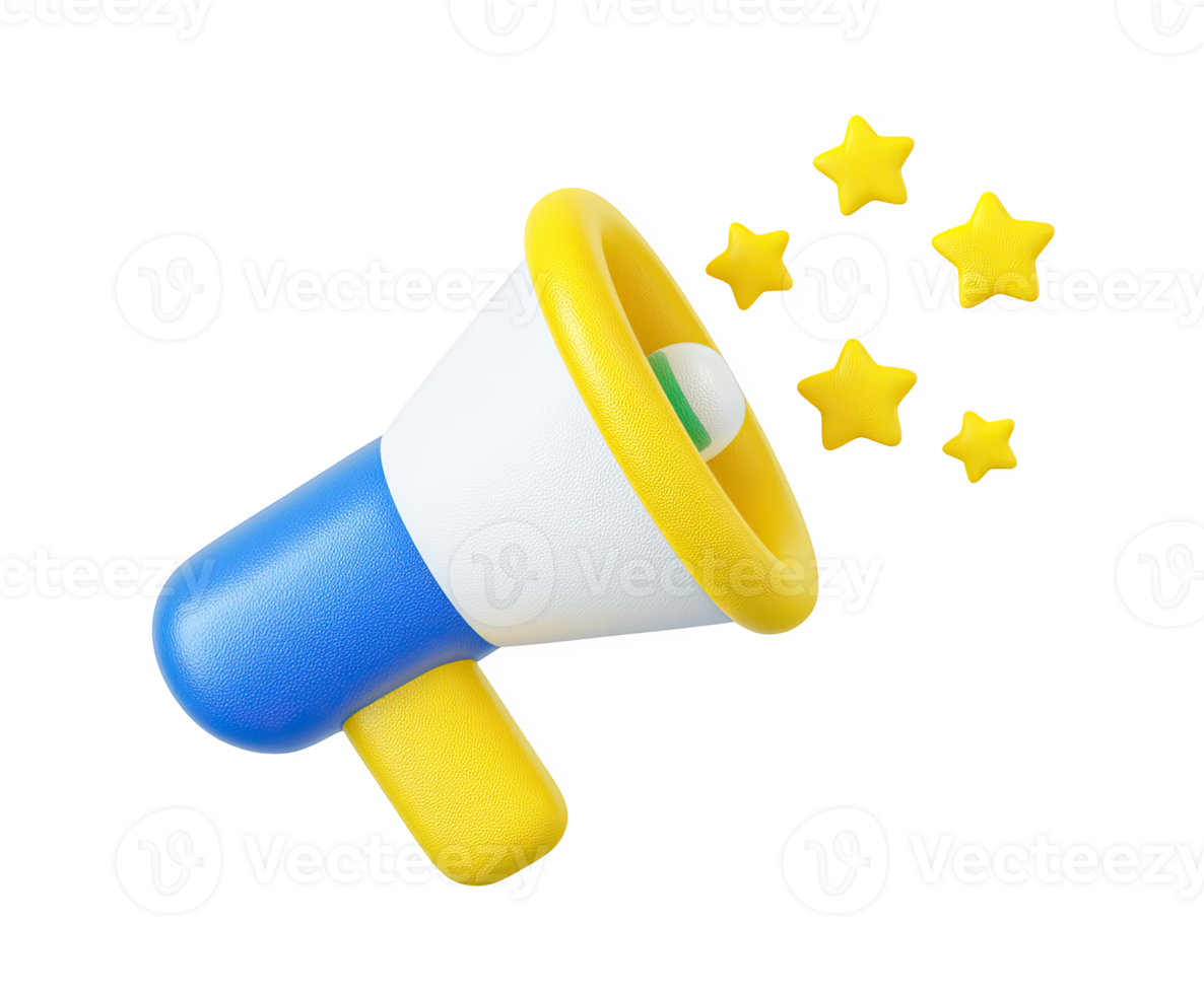 Yellow and blue 3D megaphone icon with three stars, representing promotion, announcements, and positive feedback. Ideal for marketing campaigns or alerts. Rendered. png