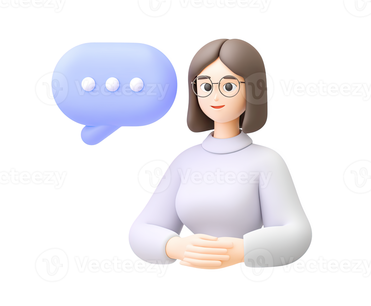 3D icon of a woman with glasses and a speech bubble, representing communication, conversation, customer support, or an announcement. Isolated character for design. png