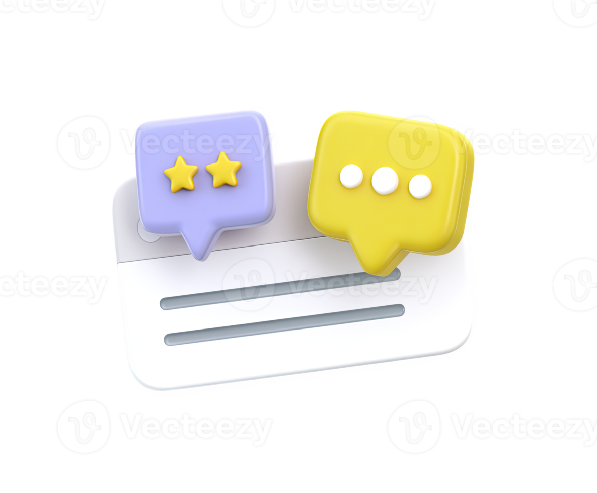 3D icon of a document with two speech bubbles showing star ratings, symbolizing customer feedback, product reviews, or performance comments. Isolated design element. png
