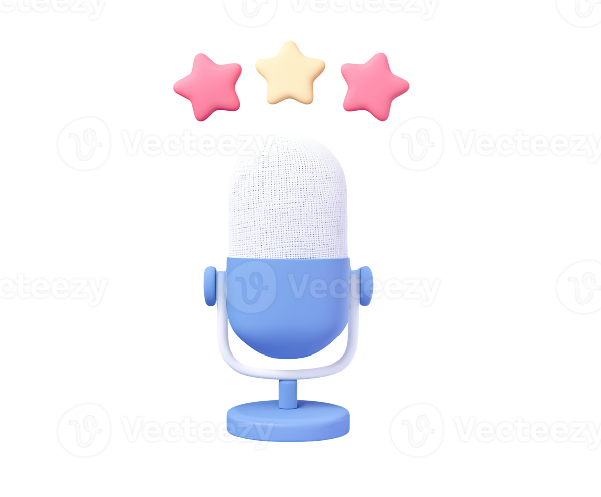 Blue 3D microphone icon on a stand with three pink stars above, representing podcasting, voice recording, interviews, or a highly rated performance. Isolated design. png
