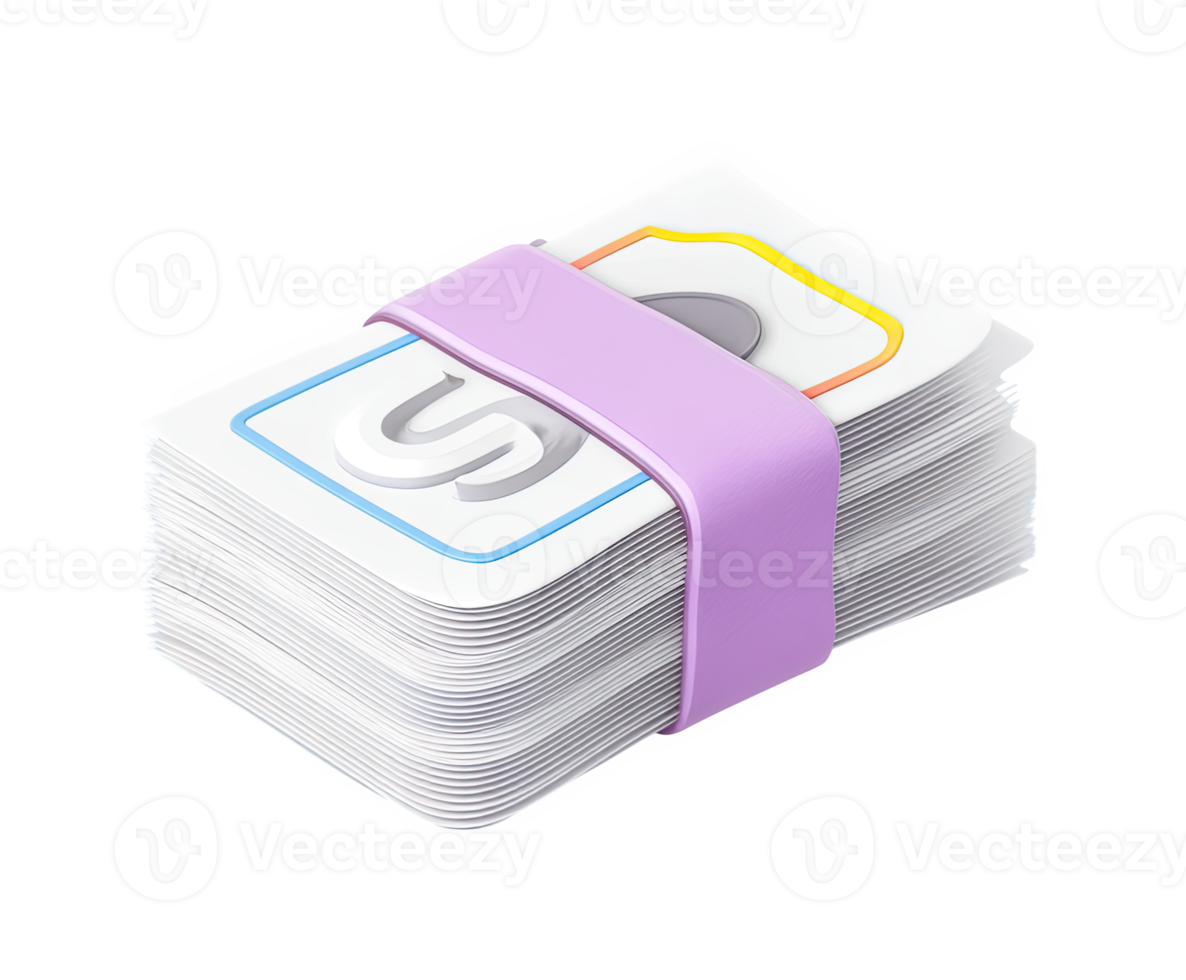 3D icon of a stack of dollar bills secured with a purple band, symbolizing money, cash, finance, wealth, savings, and financial transactions. Isolated visual. png