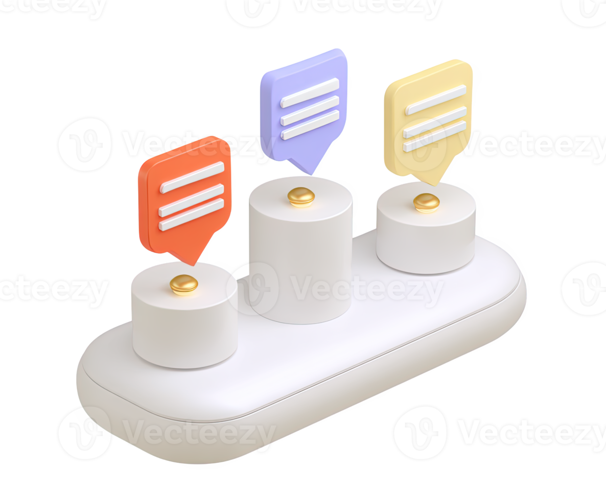 3D podium with three spots, each topped with a colored speech bubble, symbolizing top rankings, winner announcements, or diverse opinions in a forum. Isolated. png