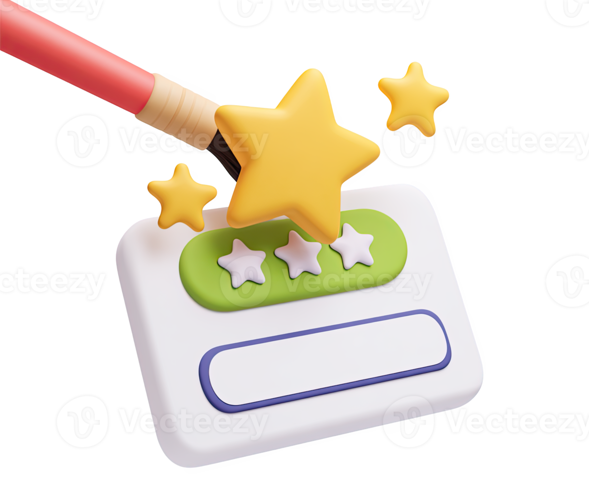 3D icon of a pencil marking a star rating on a review form, symbolizing the process of giving feedback, customer surveys, or product evaluation. Isolated visual. png