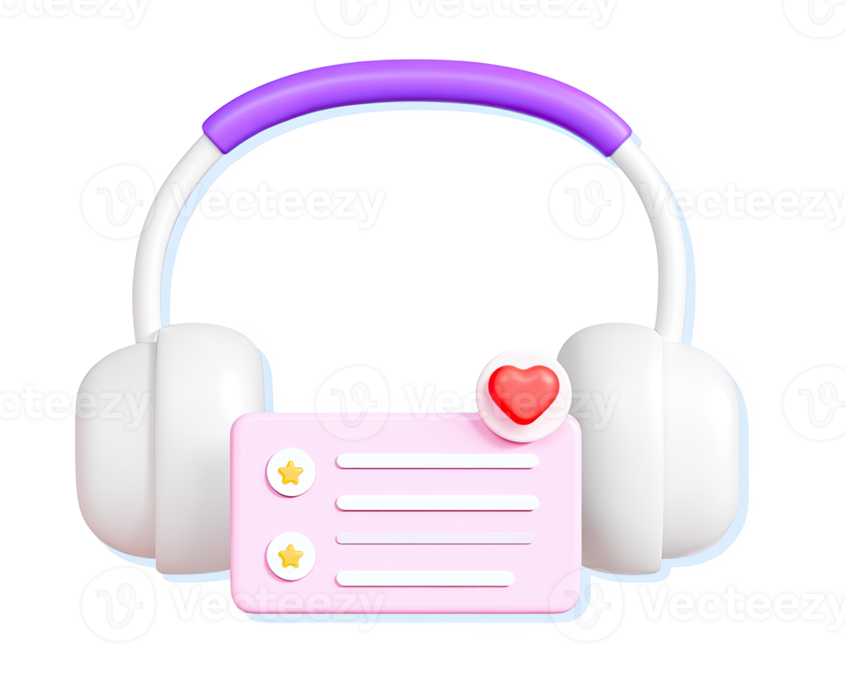3D headphones icon with a pink notification card displaying a heart, symbolizing favorite music, loving a podcast, or positive feedback for audio content. Isolated. png