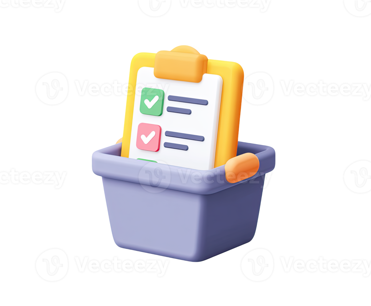 3D suggestion or ballot box icon with a checklist paper being inserted, symbolizing voting, survey participation, or feedback submission. Isolated for engagement. png
