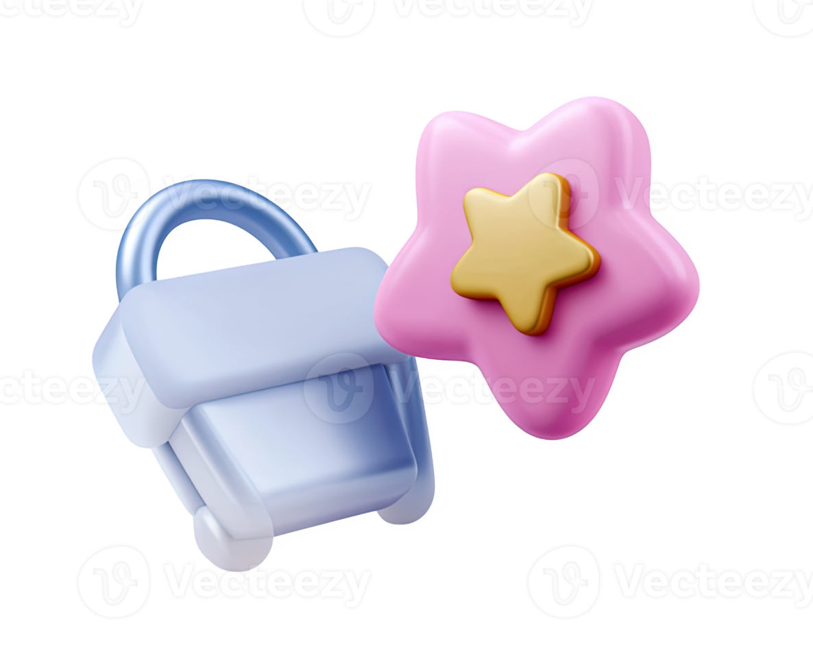 3D padlock icon with a large pink and yellow star attached, symbolizing secure favorites, trusted protection, premium security features, or VIP access. Isolated. png