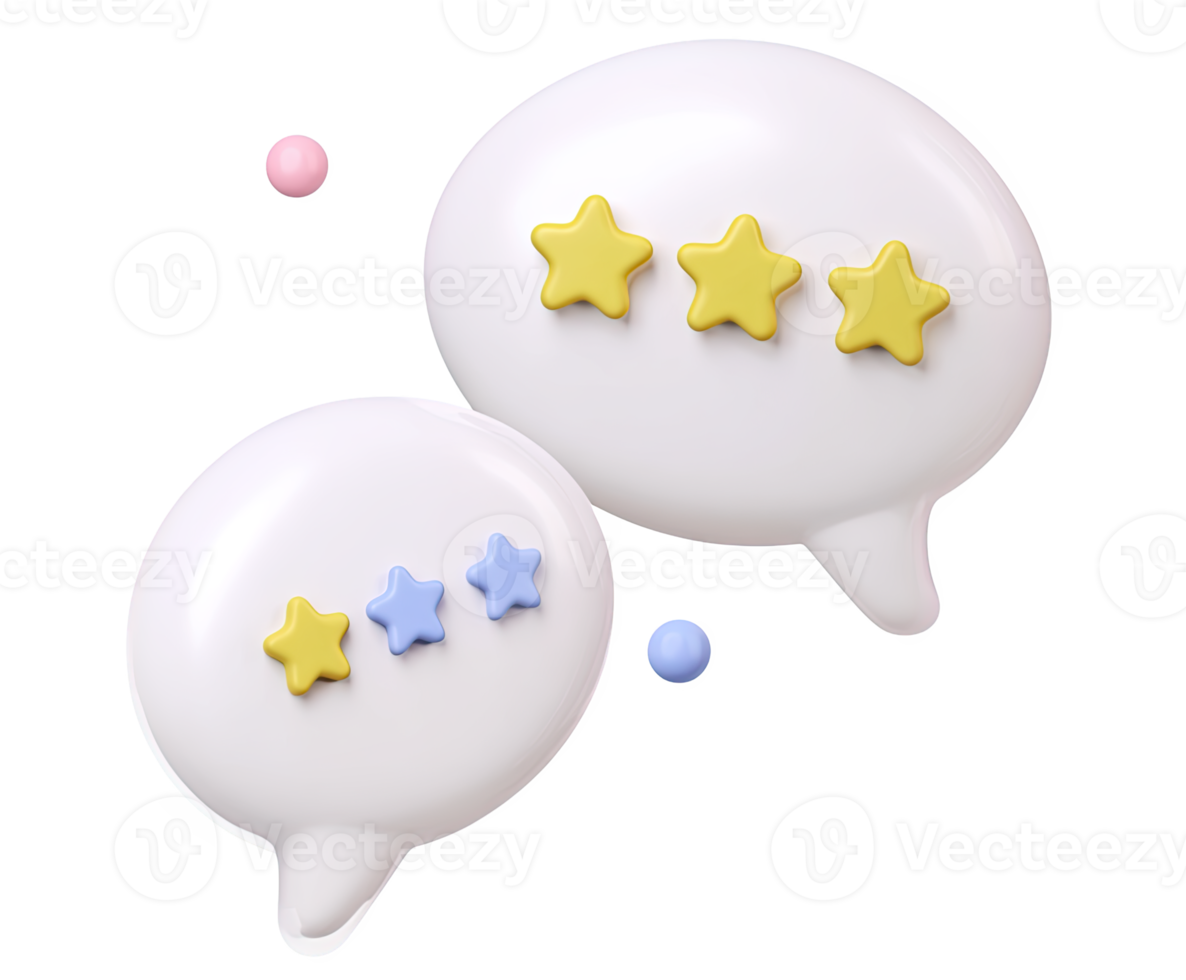 Two 3D speech bubbles with different star ratings, one larger with three yellow stars, symbolizing comparative reviews or varied customer feedback. Isolated. png