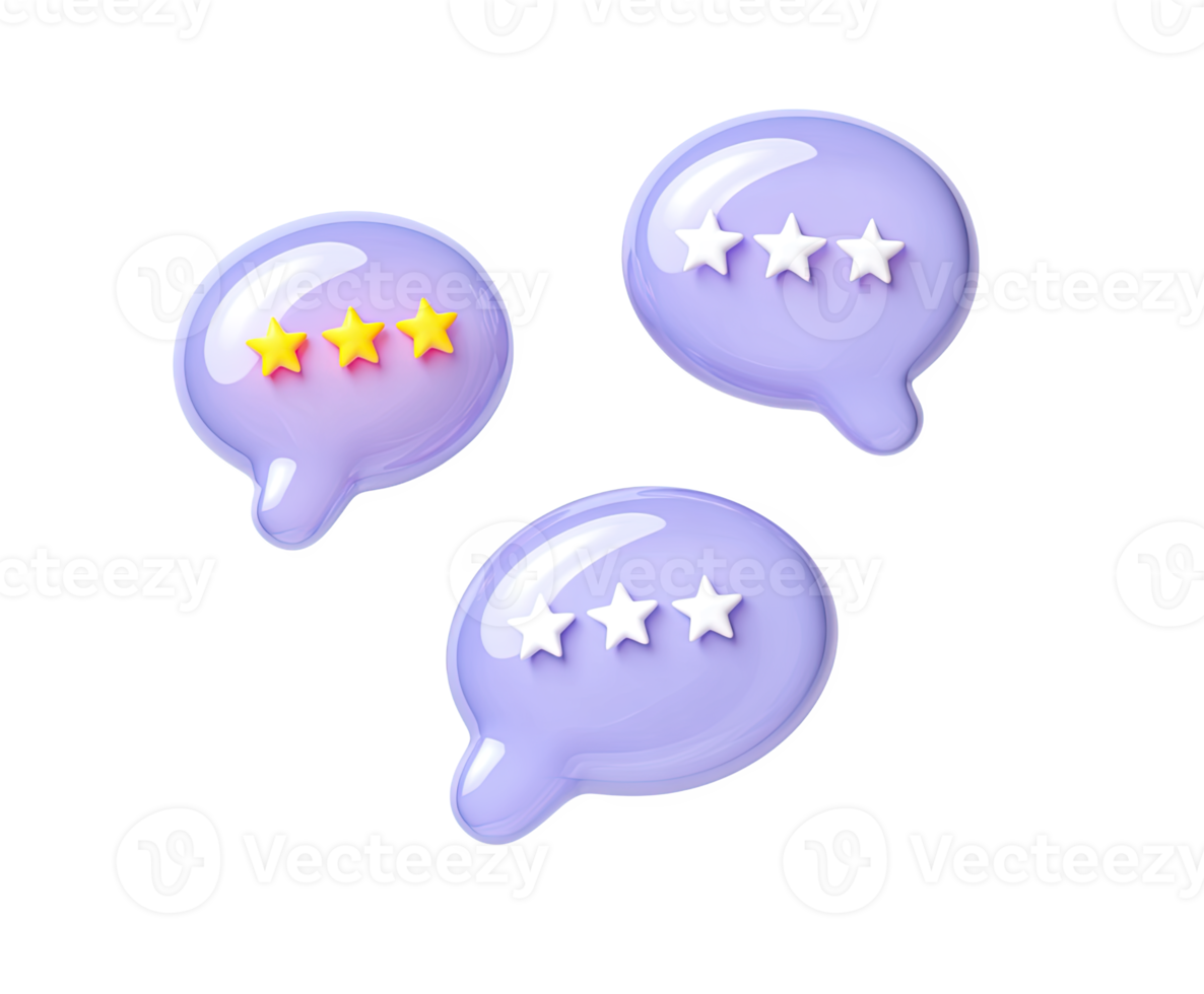 Set of three purple 3D speech bubbles showing varied star ratings 4, 3, and 2 stars, representing multiple customer reviews or comparative feedback. Isolated. png