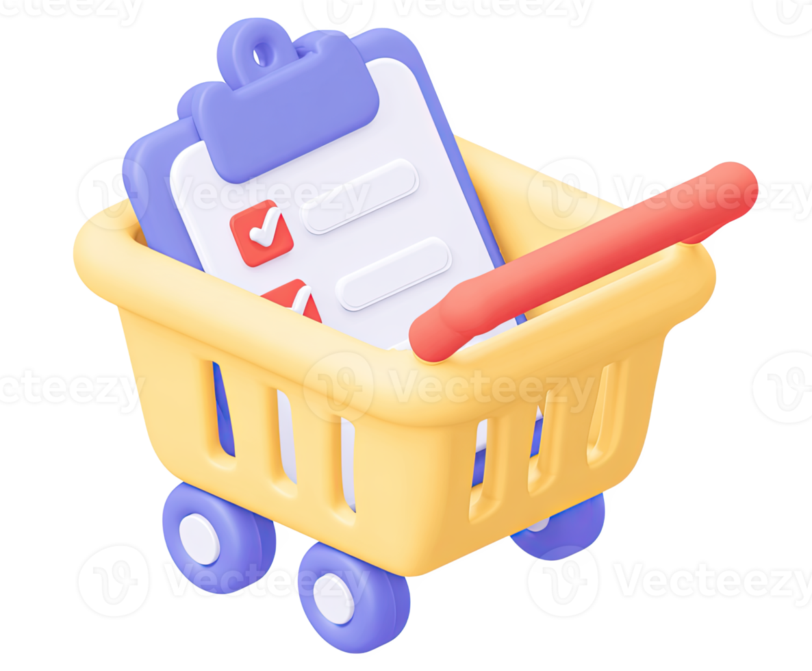 3D shopping cart icon containing a clipboard with a checklist, symbolizing a shopping list, order fulfillment, or an organized e-commerce purchase. Isolated graphic. png