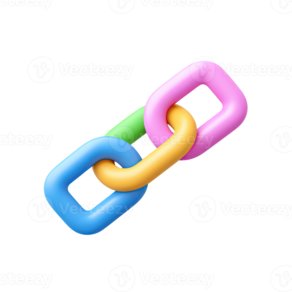 Colorful 3D chain link icon. Symbolizes connection, teamwork, strength, relationships. Perfect for partnership or blockchain concepts. Rendered, isolated. png