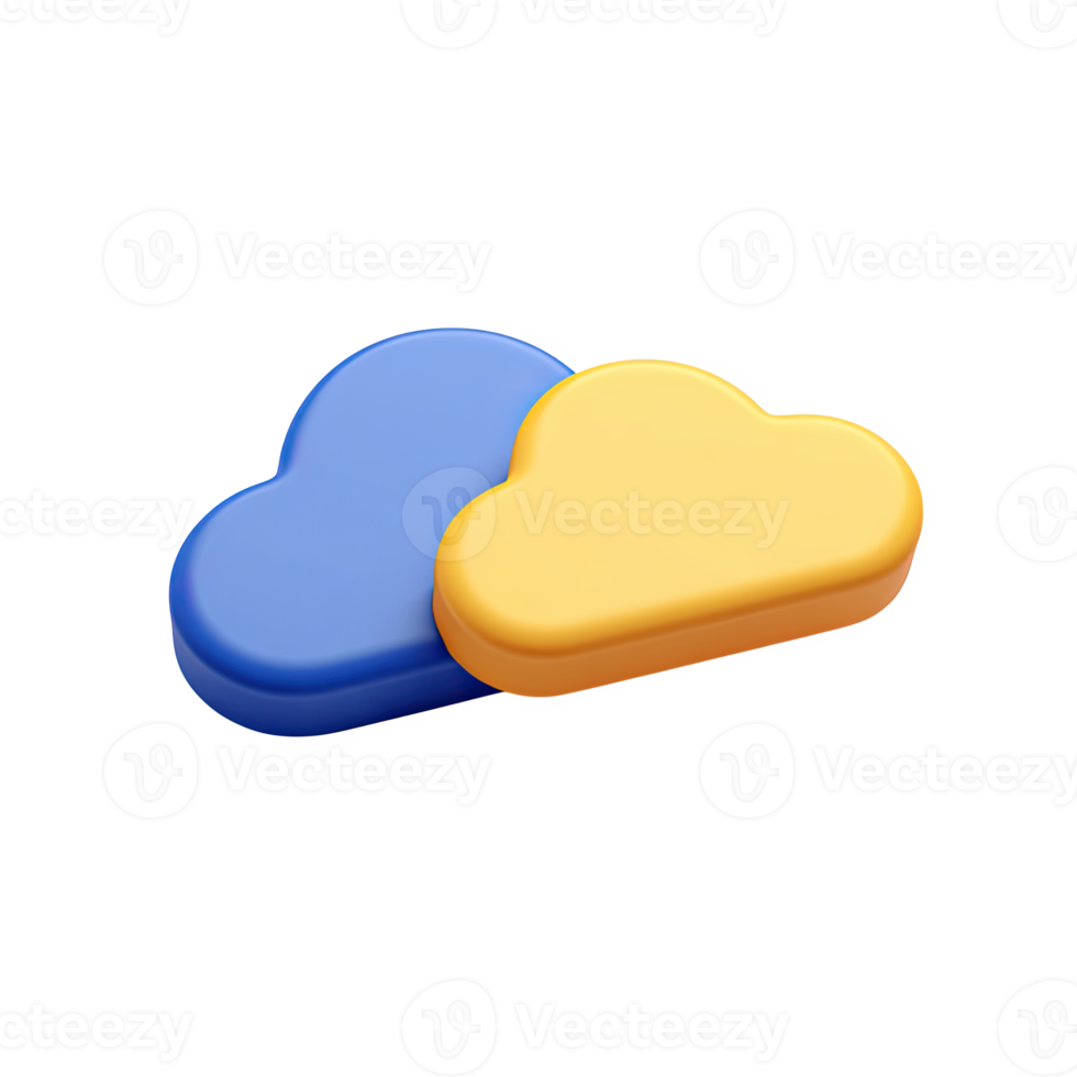 Blue and yellow 3D cloud icons. Symbolize cloud services, online data, digital storage, internet connectivity. Suitable for web apps. Rendered, isolated. png