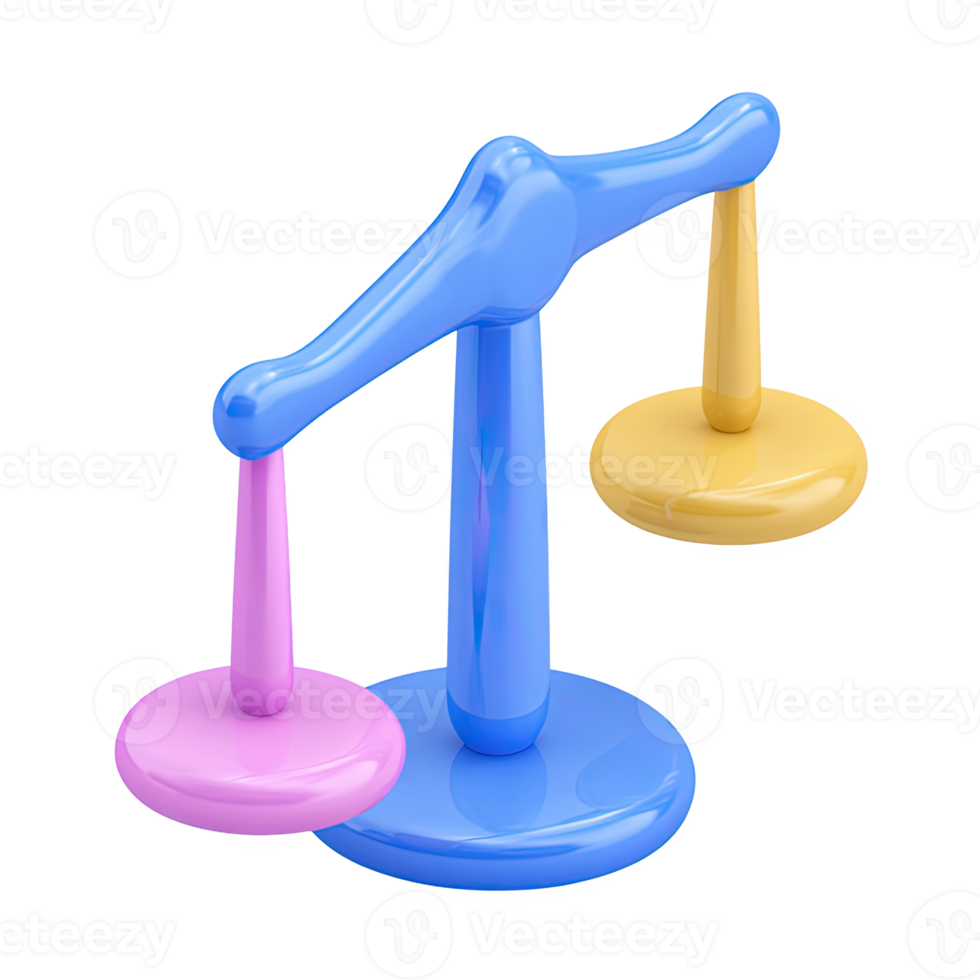 Blue and pink 3D scales of justice icon. Symbolizes balance, law, fairness, decision-making. Ideal for legal or ethical themes. Rendered visual, isolated for design. png