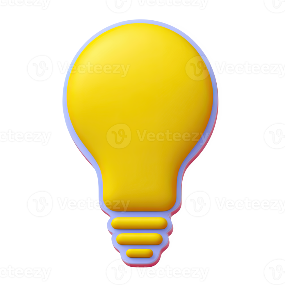 Classic yellow 3D lightbulb icon, grey base. Represents ideas, creativity, innovation, insight. Ideal for educational or business. Rendered visual, isolated. png