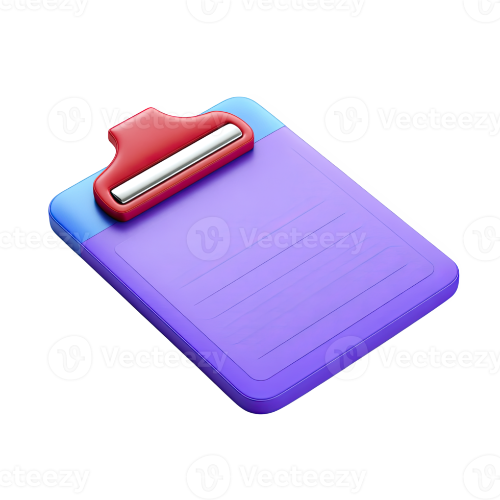 Purple and blue 3D clipboard icon with paper. Represents tasks, notes, information, organization. Ideal for business or medical contexts. Rendered, isolated. png