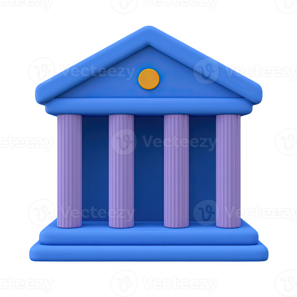 Solid dark blue 3D bank building icon. Signifies financial institutions, governance, stability. Ideal for official or corporate visuals. Rendered graphic, isolated. png