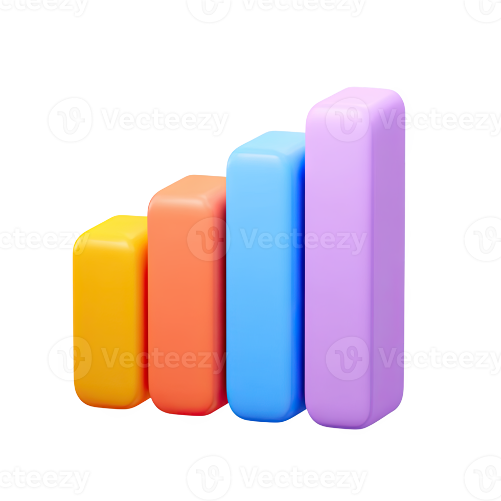 Colorful 3D bar chart icon. Symbolizes data visualization, statistical analysis, business growth. Ideal for reports, presentations. Rendered graphic, isolated for design. png