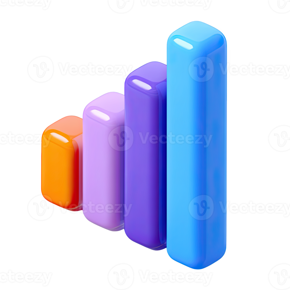 Dynamic 3D bar chart icon, vibrant colors. Illustrates growth, statistics, data analysis. Perfect for business presentations or infographics. Rendered, isolated. png