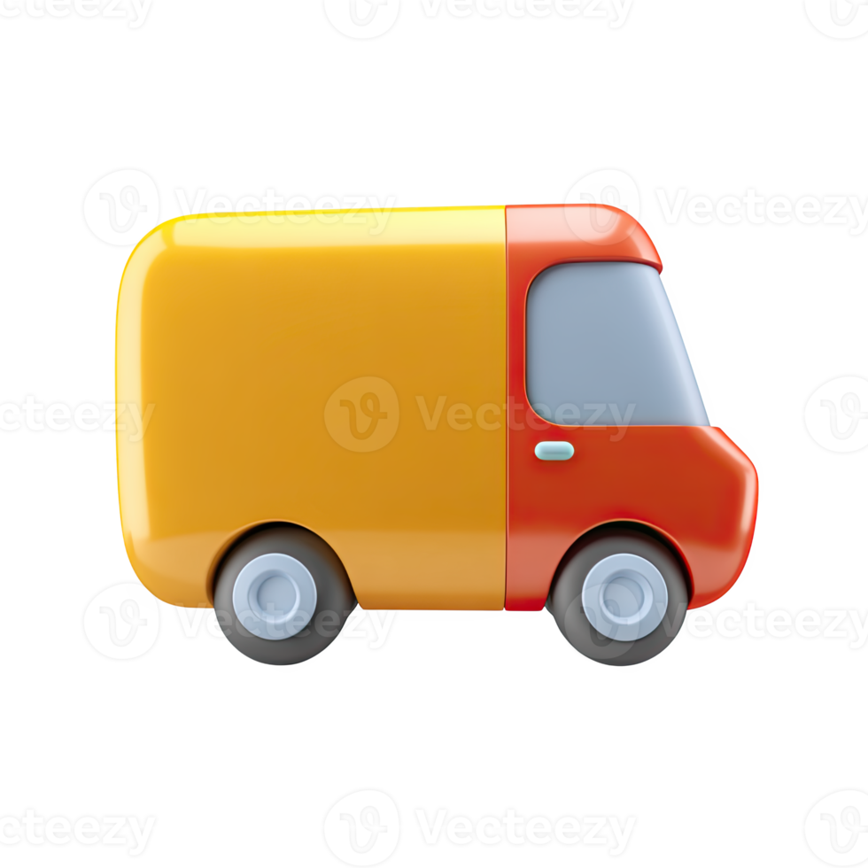 Orange and red 3D delivery van icon. Symbolizes logistics, shipping, transportation, e-commerce fulfillment. Ideal for online shopping. Rendered, isolated. png