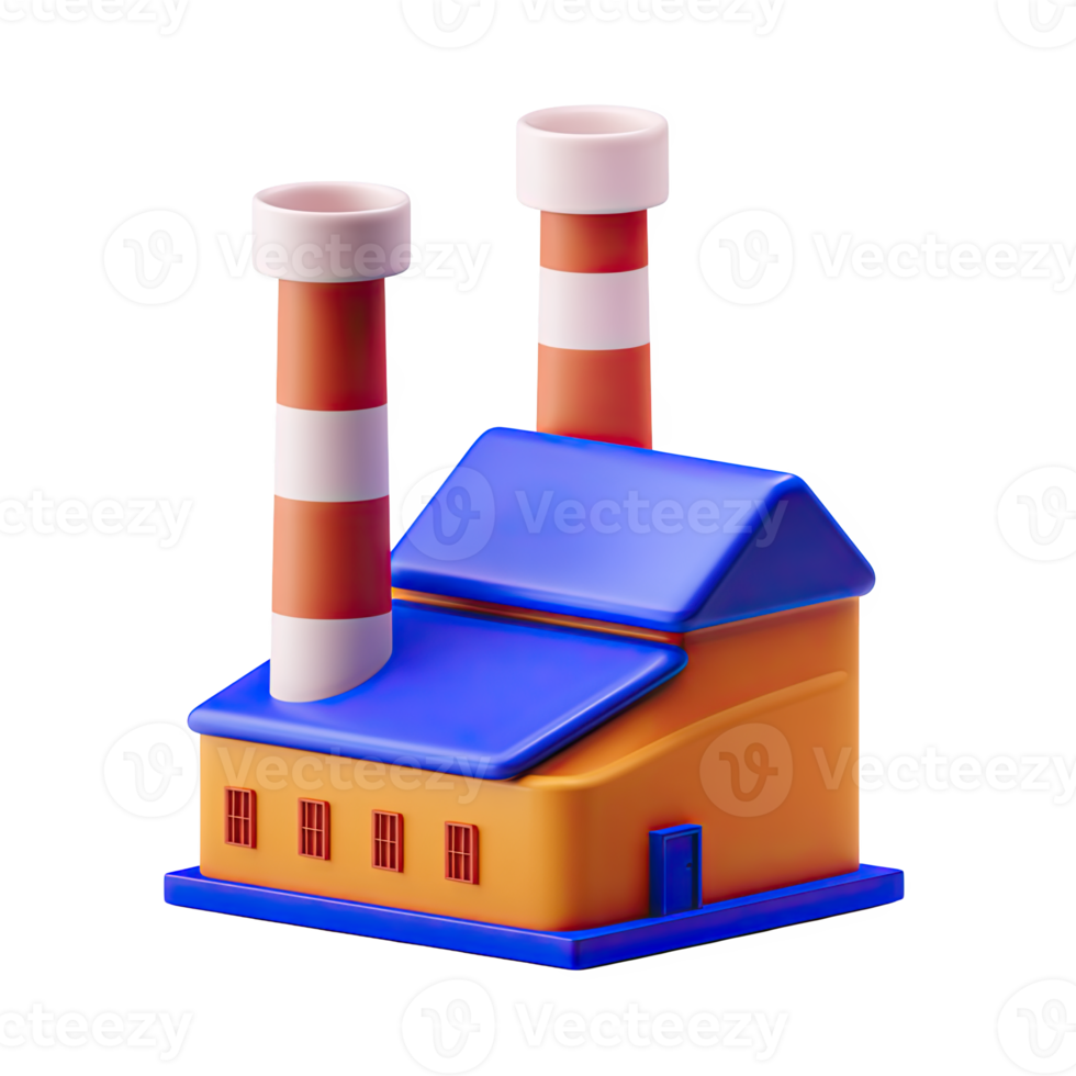 3D factory building icon with smokestacks. Symbolizes industry, manufacturing, production, industrial plants. Perfect for business or engineering. Rendered, isolated. png