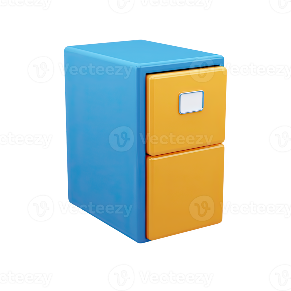 Blue and yellow 3D two-drawer filing cabinet. Symbolizes organization, document storage, office admin, data management. Perfect for business. Rendered, isolated. png