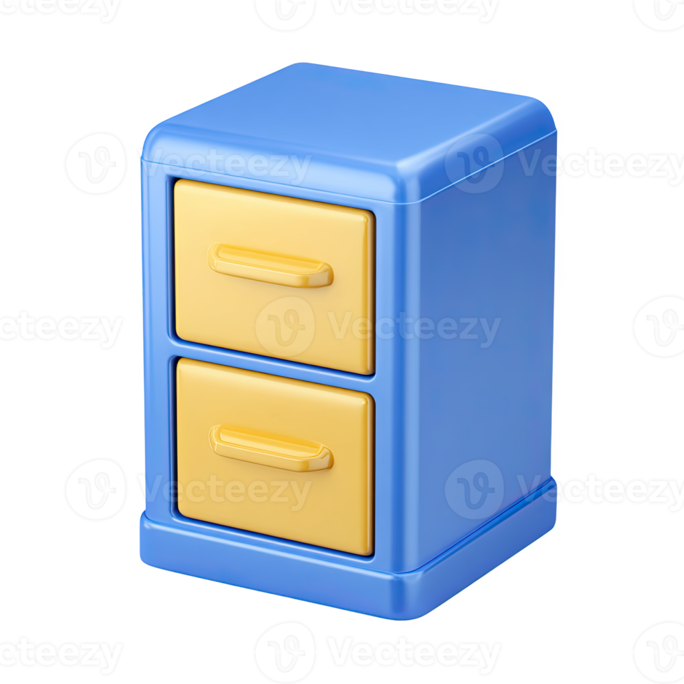 Blue and light yellow 3D two-drawer filing cabinet. Represents office organization, document management, data storage. Ideal for admin tasks. Rendered, isolated. png
