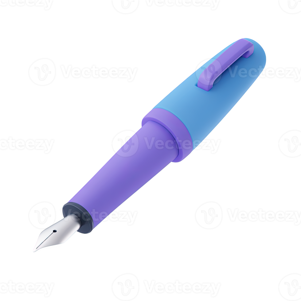 Blue and purple 3D fountain pen, silver nib. Represents classic writing, signature, formal documentation, calligraphy. Ideal for literary. Rendered, isolated. png