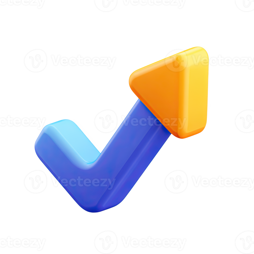 Blue and orange 3D checkmark arrow icon. Symbolizes approval, success, growth, progress. Ideal for completion confirmation or positive feedback. Rendered, isolated. png