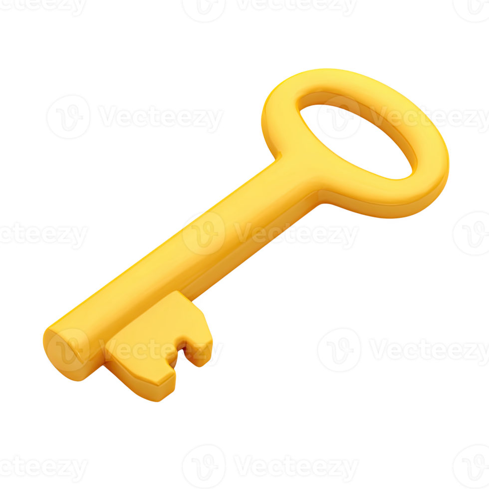 Yellow 3D key icon. Symbolizes access, solutions, opportunities, security. Ideal for unlocking potential, business success, or problem-solving. Rendered, isolated. png