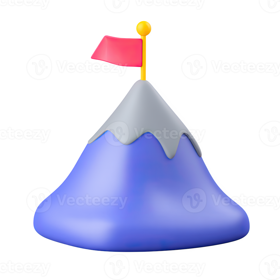 Blue 3D mountain with red flag. Represents goals, achievement, success, conquering challenges. Ideal for victory or strategic leadership imagery. Rendered, isolated. png