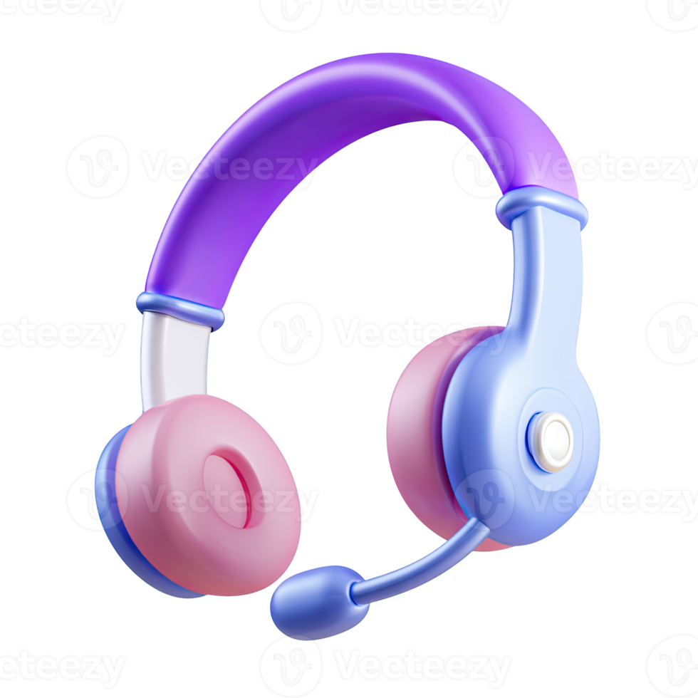 Purple 3D headset with microphone. Symbolizes customer service, support, call center, communication. Ideal for gaming or online meeting audio. Rendered, isolated. png