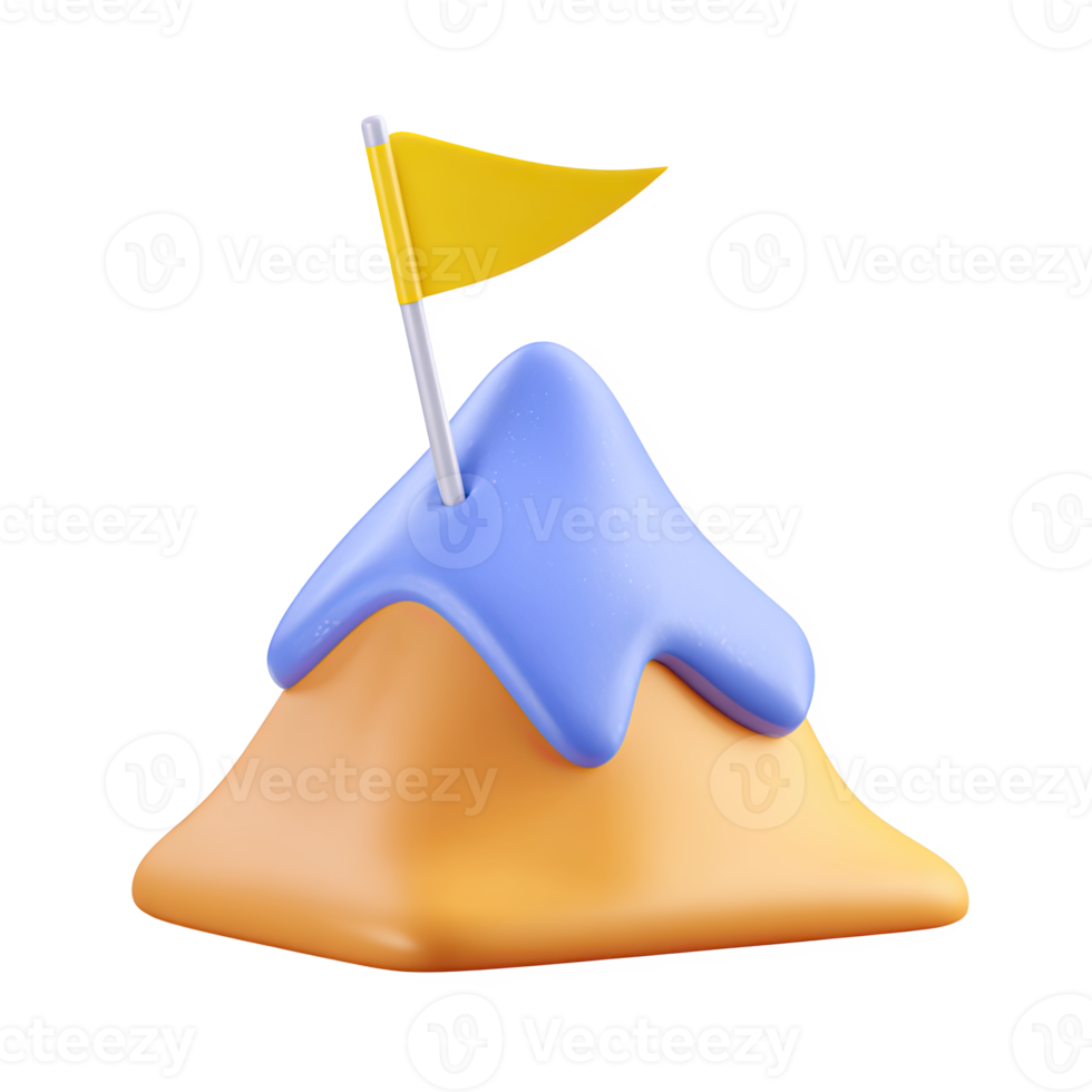 3D mountain peak with yellow flag. Symbolizes achievement, goals, success, overcoming challenges. Perfect for victory or leadership representations. Rendered, isolated. png