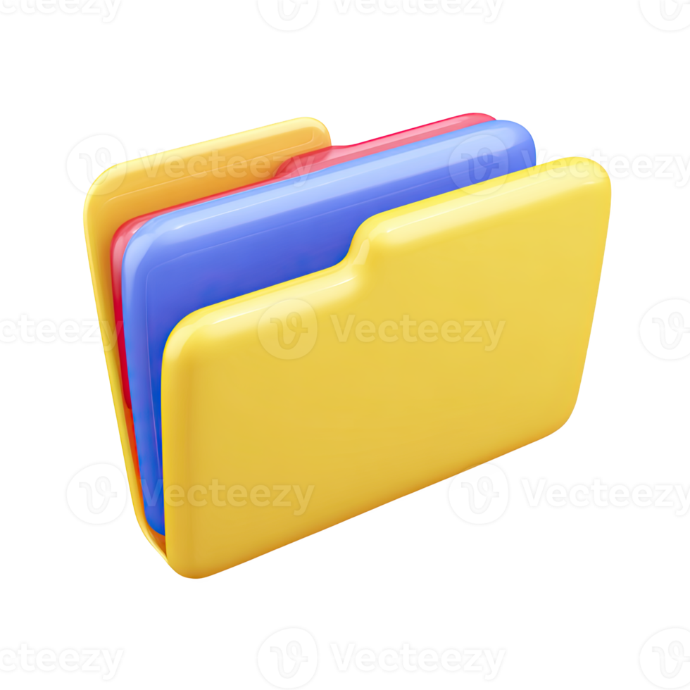 Yellow 3D folder with colorful documents. Represents files, organization, data management. Perfect for document storage or office workflow systems. Rendered, isolated. png