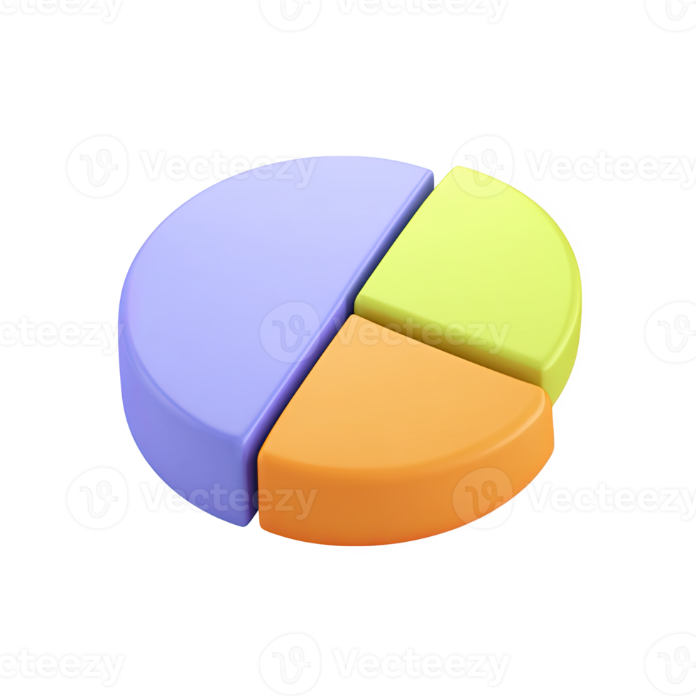 Vibrant 3D pie chart. Represents statistics, data analysis, detailed reports. Perfect for visualizing market share or financial data breakdowns. Rendered, isolated. png