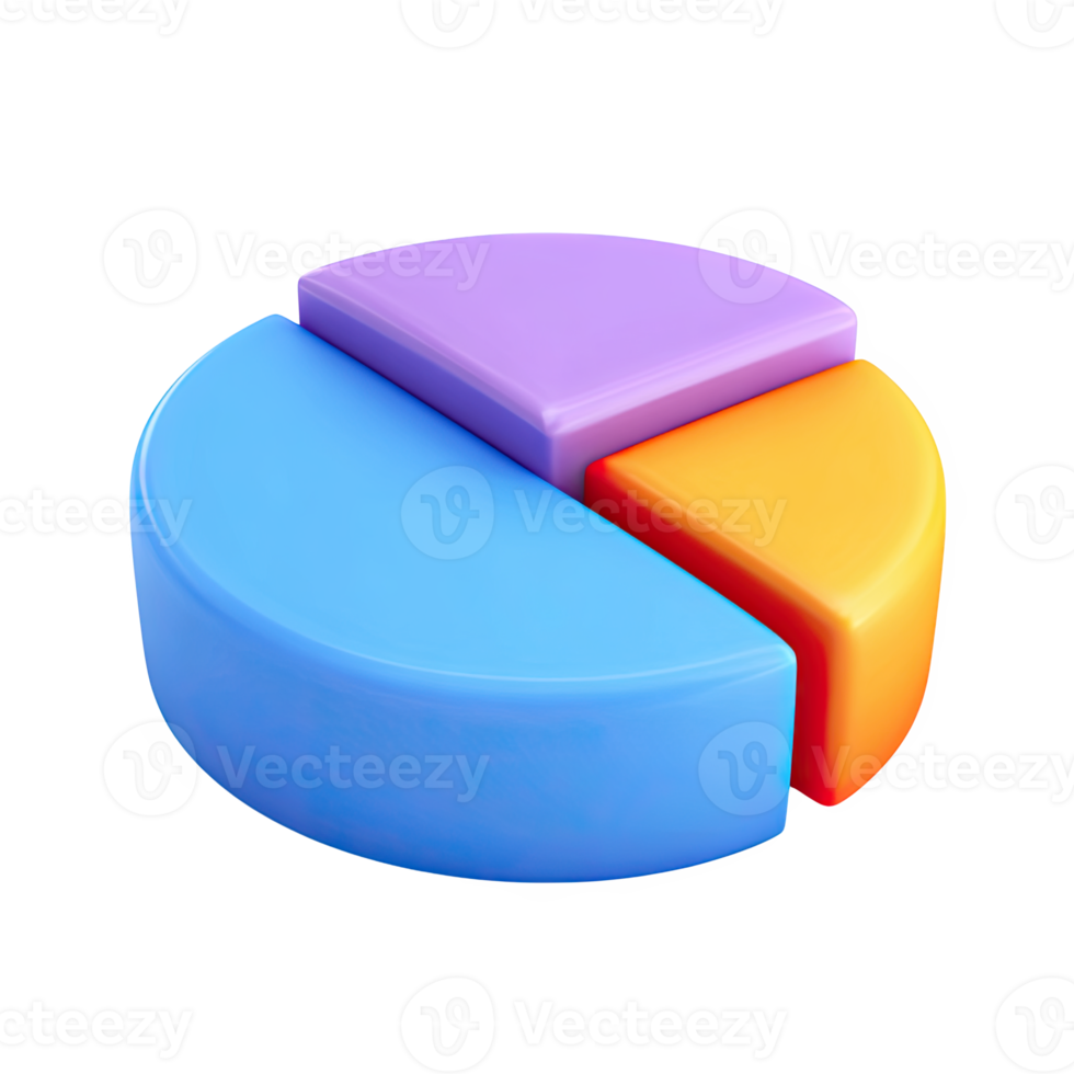 Dynamic 3D pie chart, multiple colors. Symbolizes data visualization, statistical analysis. Ideal for reports or financial performance presentations. Rendered, isolated. png