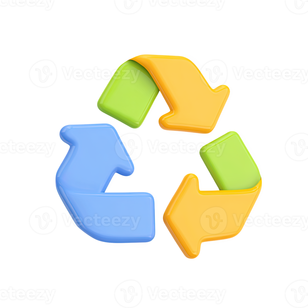 Colorful 3D recycle symbol. Represents recycling, environmental care, sustainability. Ideal for eco-friendly initiatives or conservation themes. Rendered, isolated. png